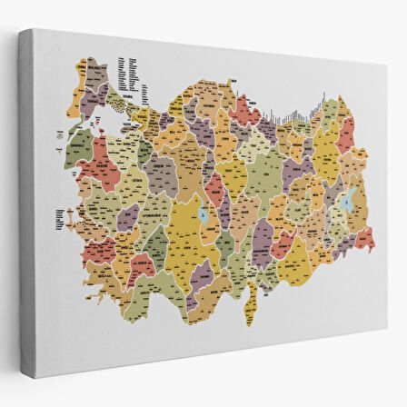 İl ve İlçe Detaylı Eğitici Öğretici Türkiye Haritası Dekoratif Kanvas Tablo, Duvar Dekoru 3042