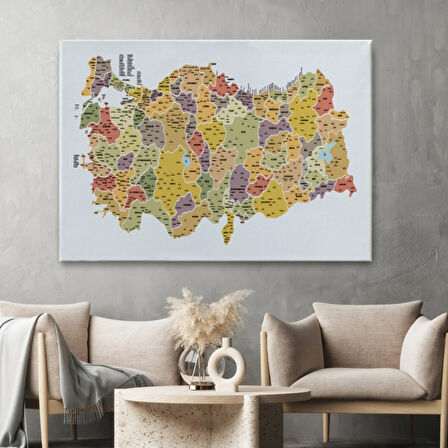 İl ve İlçe Detaylı Eğitici Öğretici Türkiye Haritası Dekoratif Kanvas Tablo, Duvar Dekoru 3042