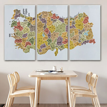 İl ve İlçe Detaylı Eğitici Öğretici Türkiye Haritası Dekoratif Kanvas Tablo, Duvar Dekoru 3042