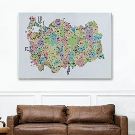 Eğitici İl ve İlçe Detaylı Türkiye Haritası, Harita Dekoratif Kanvas Tablo, Duvar Dekoru 3044