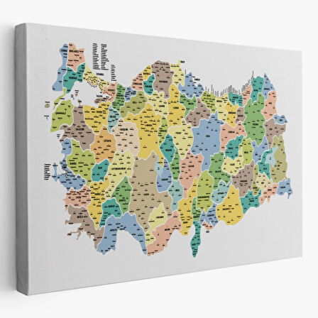 Eğitici İl ve İlçe Detaylı Türkiye Haritası, Harita Dekoratif Kanvas Tablo, Duvar Dekoru 3046