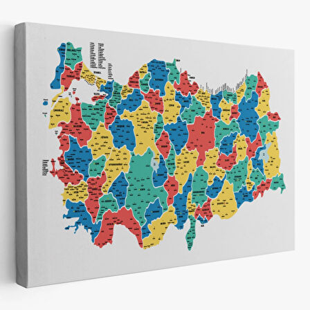 Eğitici İl ve İlçe Detaylı Türkiye Haritası, Harita Dekoratif Kanvas Tablo, Duvar Dekoru 3047