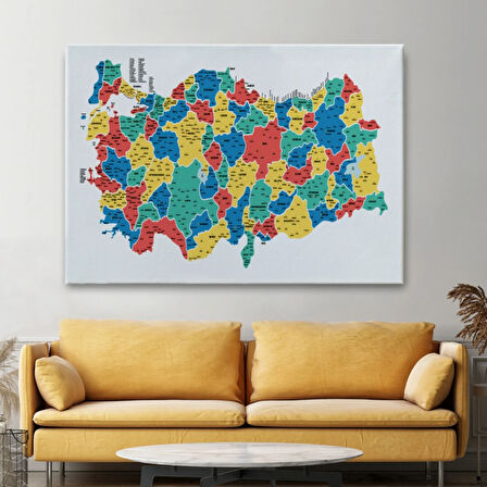 Eğitici İl ve İlçe Detaylı Türkiye Haritası, Harita Dekoratif Kanvas Tablo, Duvar Dekoru 3047