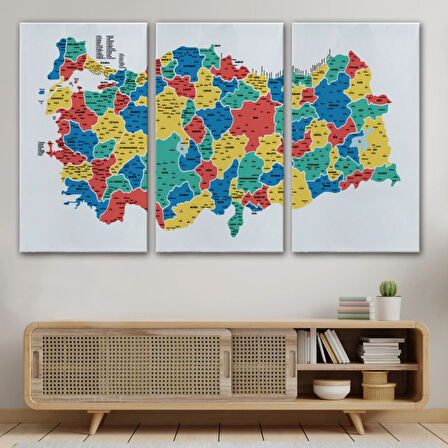 Eğitici İl ve İlçe Detaylı Türkiye Haritası, Harita Dekoratif Kanvas Tablo, Duvar Dekoru 3047