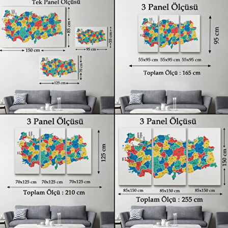 Eğitici İl ve İlçe Detaylı Türkiye Haritası, Harita Dekoratif Kanvas Tablo, Duvar Dekoru 3047