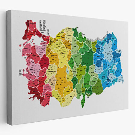 Eğitici İl ve İlçe Detaylı Türkiye Haritası, Harita Dekoratif Kanvas Tablo, Duvar Dekoru 3049