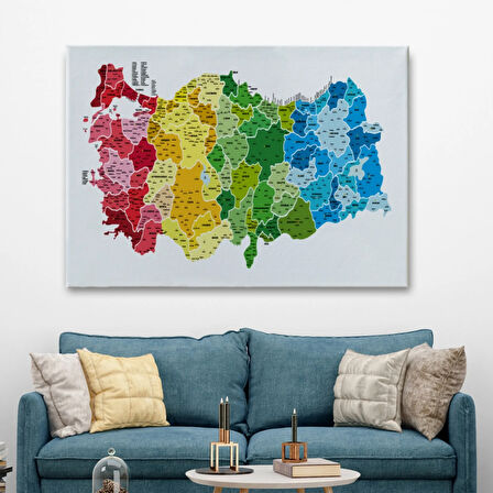 Eğitici İl ve İlçe Detaylı Türkiye Haritası, Harita Dekoratif Kanvas Tablo, Duvar Dekoru 3049