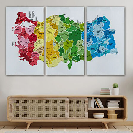 Eğitici İl ve İlçe Detaylı Türkiye Haritası, Harita Dekoratif Kanvas Tablo, Duvar Dekoru 3049