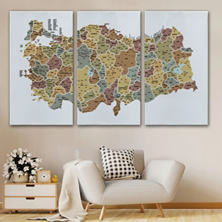 Eğitici İl ve İlçe Detaylı Türkiye Haritası, Harita Dekoratif Kanvas Tablo, Duvar Dekoru 3050