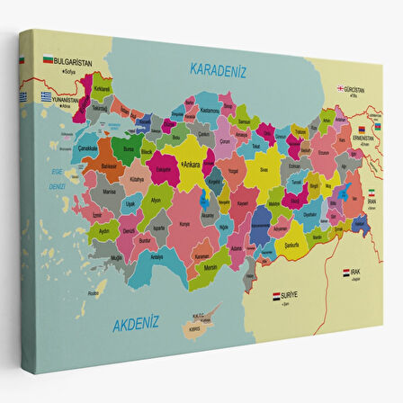 Eğitici Sınır Komşulu Türkiye Haritası, Harita Dekoratif Kanvas Tablo, Duvar Dekoru 3080