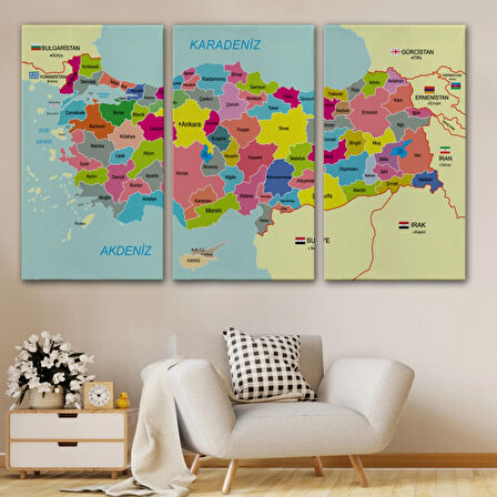 Eğitici Sınır Komşulu Türkiye Haritası, Harita Dekoratif Kanvas Tablo, Duvar Dekoru 3080