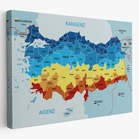 Eğitici Sınır Komşulu Türkiye Haritası, Harita Dekoratif Kanvas Tablo, Duvar Dekoru 3082