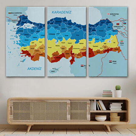 Eğitici Sınır Komşulu Türkiye Haritası, Harita Dekoratif Kanvas Tablo, Duvar Dekoru 3082