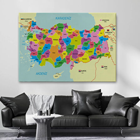 Eğitici Sınır Komşulu Türkiye Haritası, Harita Dekoratif Kanvas Tablo, Duvar Dekoru 3085