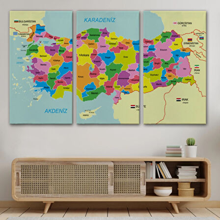 Eğitici Sınır Komşulu Türkiye Haritası, Harita Dekoratif Kanvas Tablo, Duvar Dekoru 3085