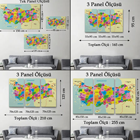 Eğitici Sınır Komşulu Türkiye Haritası, Harita Dekoratif Kanvas Tablo, Duvar Dekoru 3085
