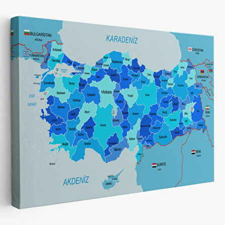 Eğitici Sınır Komşulu Türkiye Haritası, Harita Dekoratif Kanvas Tablo, Duvar Dekoru 3086