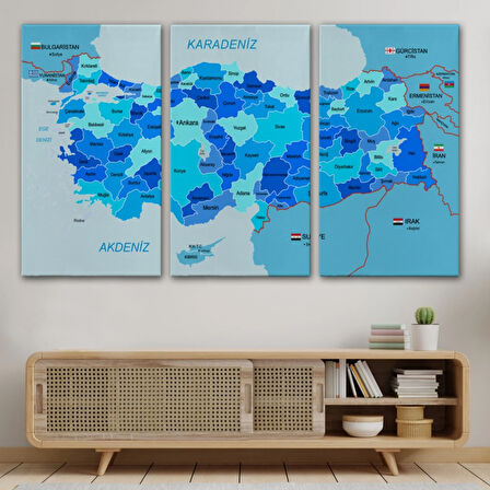 Eğitici Sınır Komşulu Türkiye Haritası, Harita Dekoratif Kanvas Tablo, Duvar Dekoru 3086