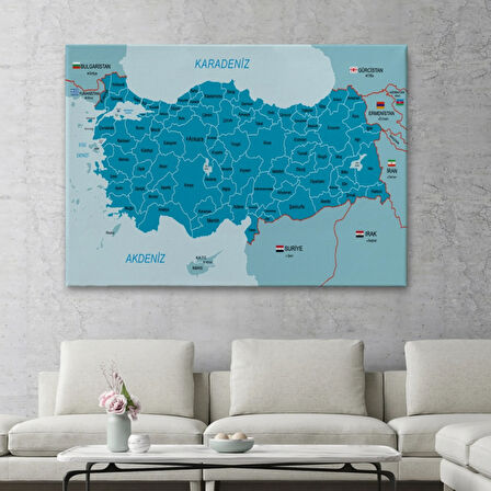 Eğitici Sınır Komşulu Türkiye Haritası, Harita Dekoratif Kanvas Tablo, Duvar Dekoru 3087