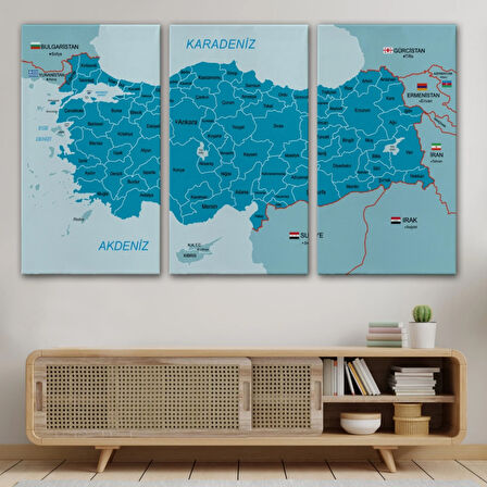Eğitici Sınır Komşulu Türkiye Haritası, Harita Dekoratif Kanvas Tablo, Duvar Dekoru 3087