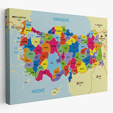 Eğitici Sınır Komşulu Türkiye Haritası, Harita Dekoratif Kanvas Tablo, Duvar Dekoru 3089