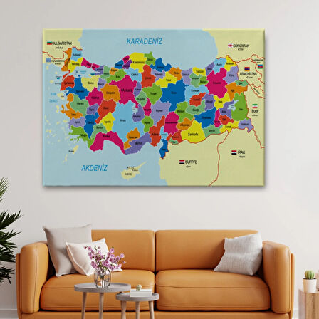 Eğitici Sınır Komşulu Türkiye Haritası, Harita Dekoratif Kanvas Tablo, Duvar Dekoru 3089
