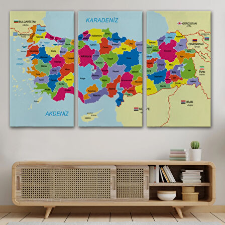 Eğitici Sınır Komşulu Türkiye Haritası, Harita Dekoratif Kanvas Tablo, Duvar Dekoru 3089