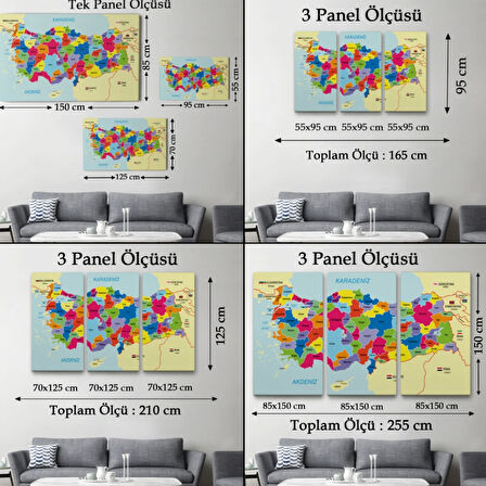 Eğitici Sınır Komşulu Türkiye Haritası, Harita Dekoratif Kanvas Tablo, Duvar Dekoru 3089