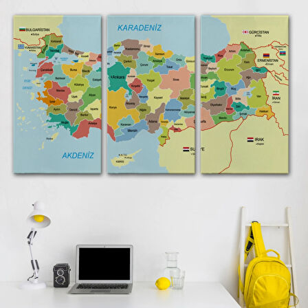 Eğitici Sınır Komşulu Türkiye Haritası, Harita Dekoratif Kanvas Tablo, Duvar Dekoru 3090