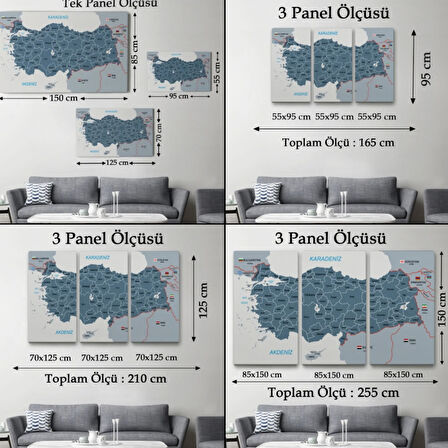 İller ve Komşu Ülkeler Detaylı Eğitici Türkiye Haritası Dekoratif Kanvas Tablo, Duvar Dekoru 3093