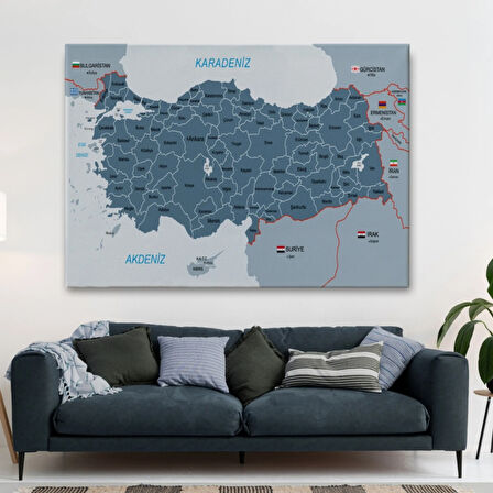 İller ve Komşu Ülkeler Detaylı Eğitici Türkiye Haritası Dekoratif Kanvas Tablo, Duvar Dekoru 3093