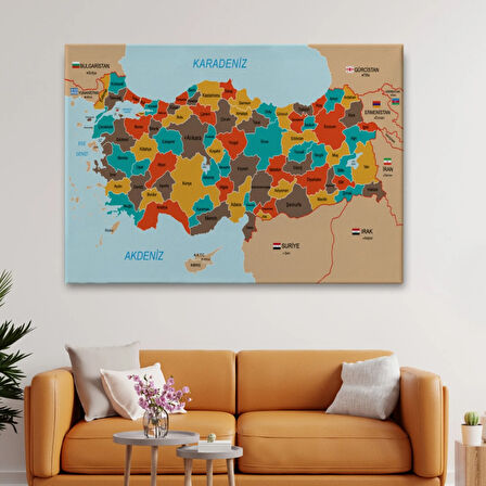 Eğitici Sınır Komşulu Türkiye Haritası, Harita Dekoratif Kanvas Tablo, Duvar Dekoru 3094