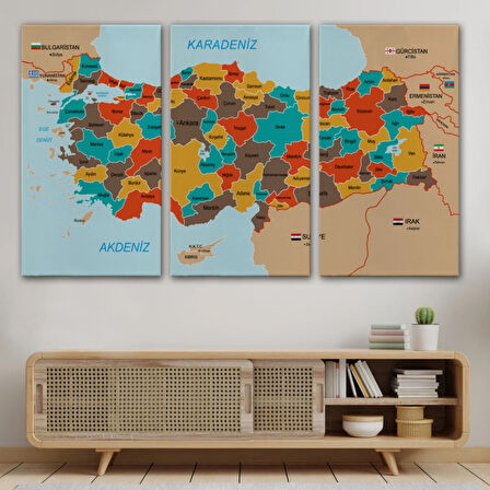 Eğitici Sınır Komşulu Türkiye Haritası, Harita Dekoratif Kanvas Tablo, Duvar Dekoru 3094