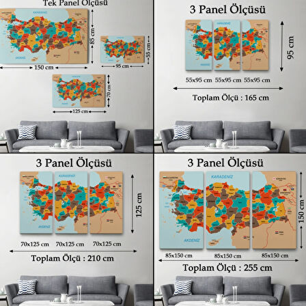 Eğitici Sınır Komşulu Türkiye Haritası, Harita Dekoratif Kanvas Tablo, Duvar Dekoru 3094