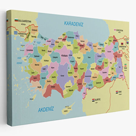 Eğitici Sınır Komşulu Türkiye Haritası, Harita Dekoratif Kanvas Tablo, Duvar Dekoru 3095