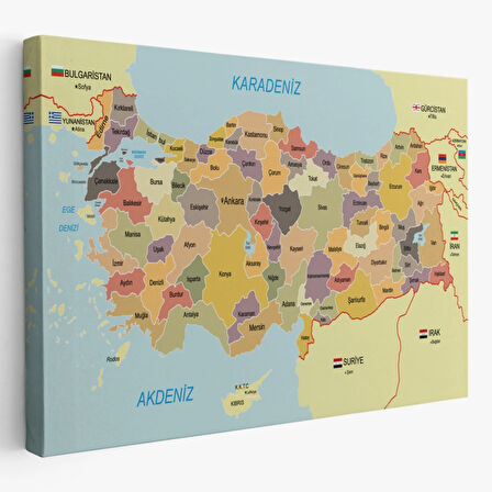 Eğitici Sınır Komşulu Türkiye Haritası, Harita Dekoratif Kanvas Tablo, Duvar Dekoru 3098