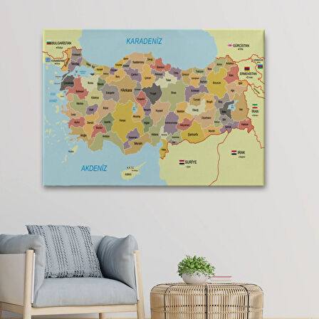 Eğitici Sınır Komşulu Türkiye Haritası, Harita Dekoratif Kanvas Tablo, Duvar Dekoru 3098