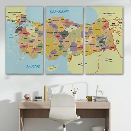 Eğitici Sınır Komşulu Türkiye Haritası, Harita Dekoratif Kanvas Tablo, Duvar Dekoru 3098