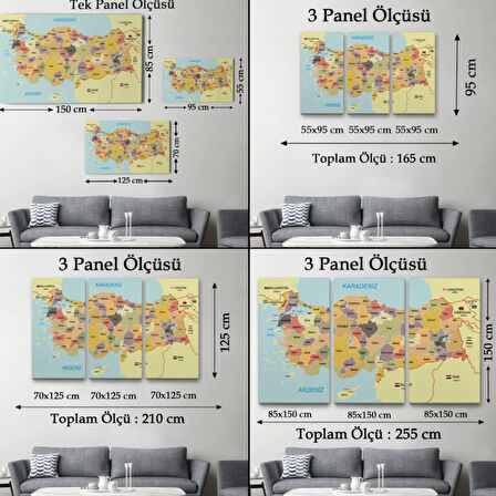 Eğitici Sınır Komşulu Türkiye Haritası, Harita Dekoratif Kanvas Tablo, Duvar Dekoru 3098