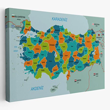 Eğitici Sınır Komşulu Türkiye Haritası, Harita Dekoratif Kanvas Tablo, Duvar Dekoru 3099