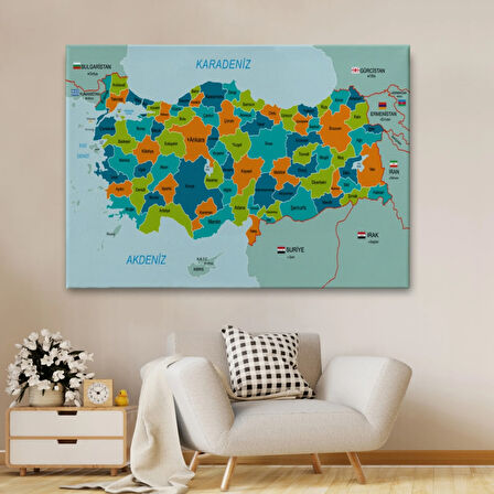 Eğitici Sınır Komşulu Türkiye Haritası, Harita Dekoratif Kanvas Tablo, Duvar Dekoru 3099