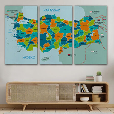 Eğitici Sınır Komşulu Türkiye Haritası, Harita Dekoratif Kanvas Tablo, Duvar Dekoru 3099