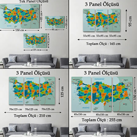 Eğitici Sınır Komşulu Türkiye Haritası, Harita Dekoratif Kanvas Tablo, Duvar Dekoru 3099