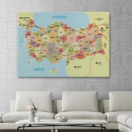 Eğitici Sınır Komşulu Türkiye Haritası, Harita Dekoratif Kanvas Tablo, Duvar Dekoru 3101