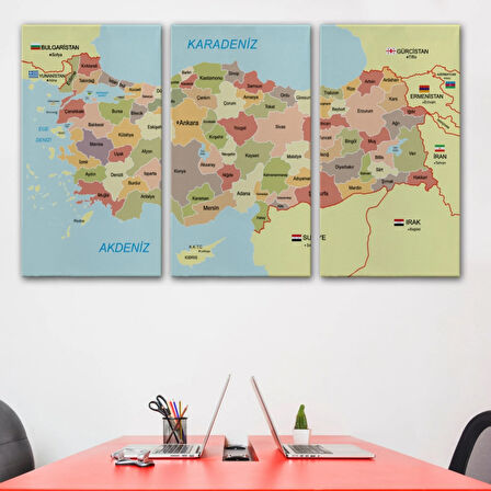 Eğitici Sınır Komşulu Türkiye Haritası, Harita Dekoratif Kanvas Tablo, Duvar Dekoru 3101