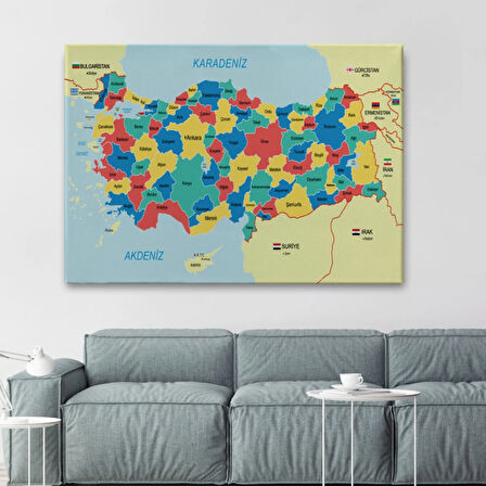 Eğitici Sınır Komşulu Türkiye Haritası, Harita Dekoratif Kanvas Tablo, Duvar Dekoru 3103
