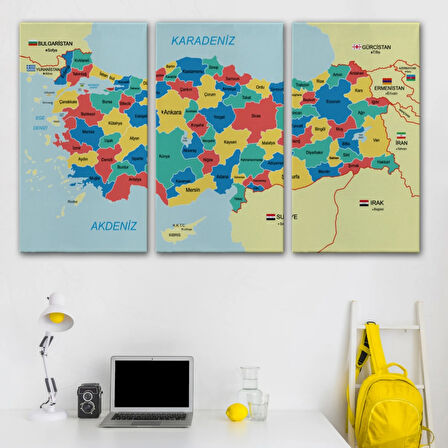 Eğitici Sınır Komşulu Türkiye Haritası, Harita Dekoratif Kanvas Tablo, Duvar Dekoru 3103