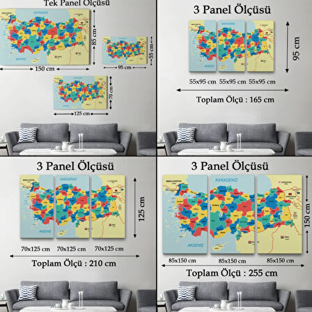 Eğitici Sınır Komşulu Türkiye Haritası, Harita Dekoratif Kanvas Tablo, Duvar Dekoru 3103