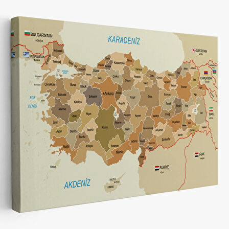 Eğitici Sınır Komşulu Türkiye Haritası, Harita Dekoratif Kanvas Tablo, Duvar Dekoru 3104