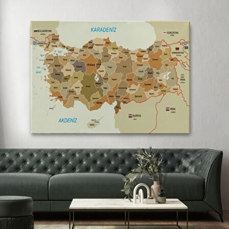 Eğitici Sınır Komşulu Türkiye Haritası, Harita Dekoratif Kanvas Tablo, Duvar Dekoru 3104